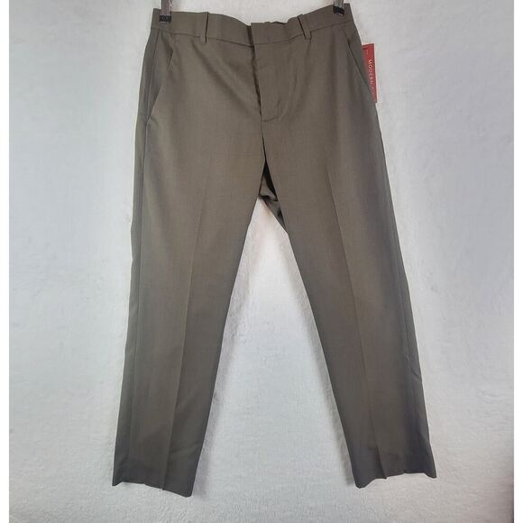 Perry Ellis Mens Flat Front Dress Pants 30x29 Brown Plaid Straight Leg Non Iron - Picture 2 of 5